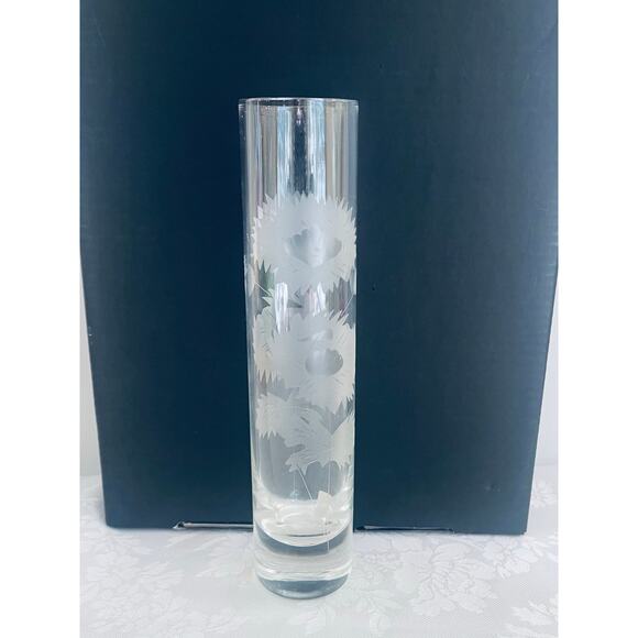 Vintage Schmid Etched Glass Sunflower Bud Vase 7" Tube Cylindrical Weighted Bott - Picture 2 of 7